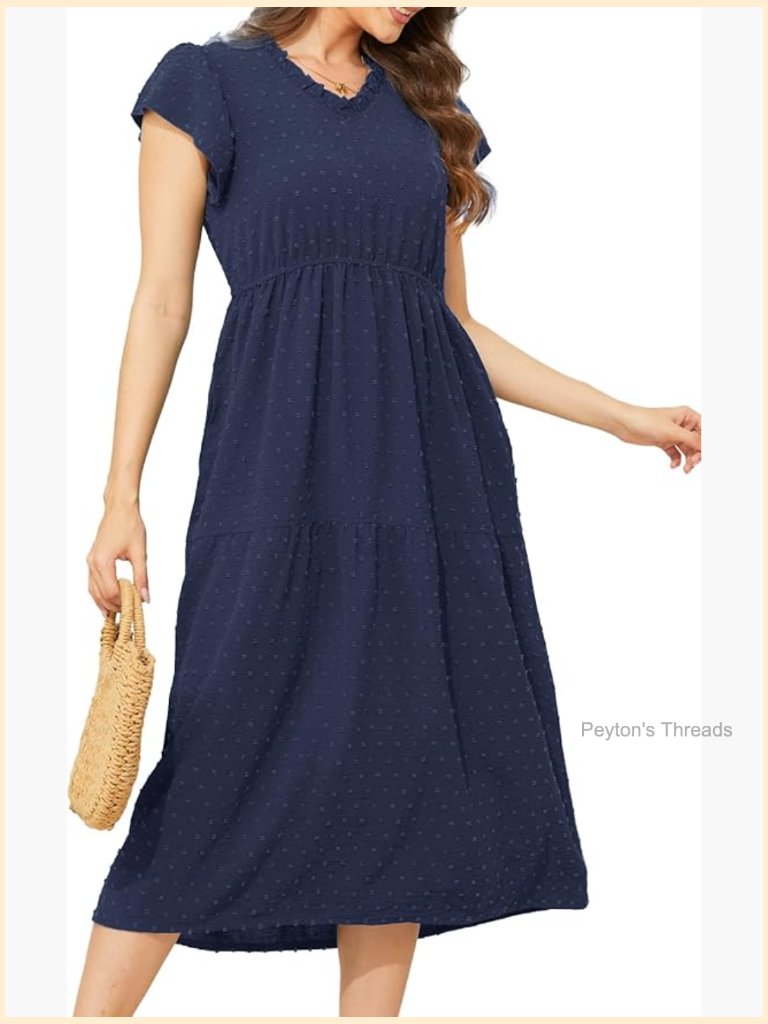 Swiss Dot Tiered Midi Dress With Pockets Elastic Waist V Neck Layered
